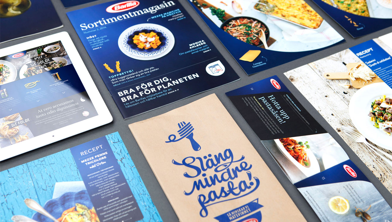 Olika broschyrers uppslag för Barilla foodservice presenterade i samma bild
